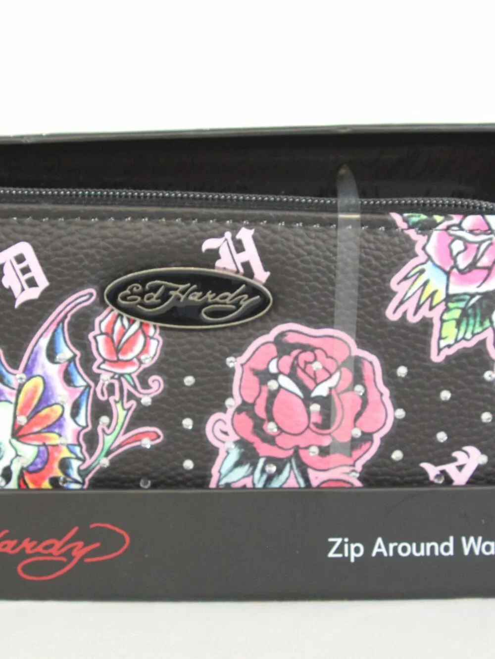 Ed Hardy Tattoo Rose Skull Zip Around Wallet‎ Keychain Set NWT Y2K
